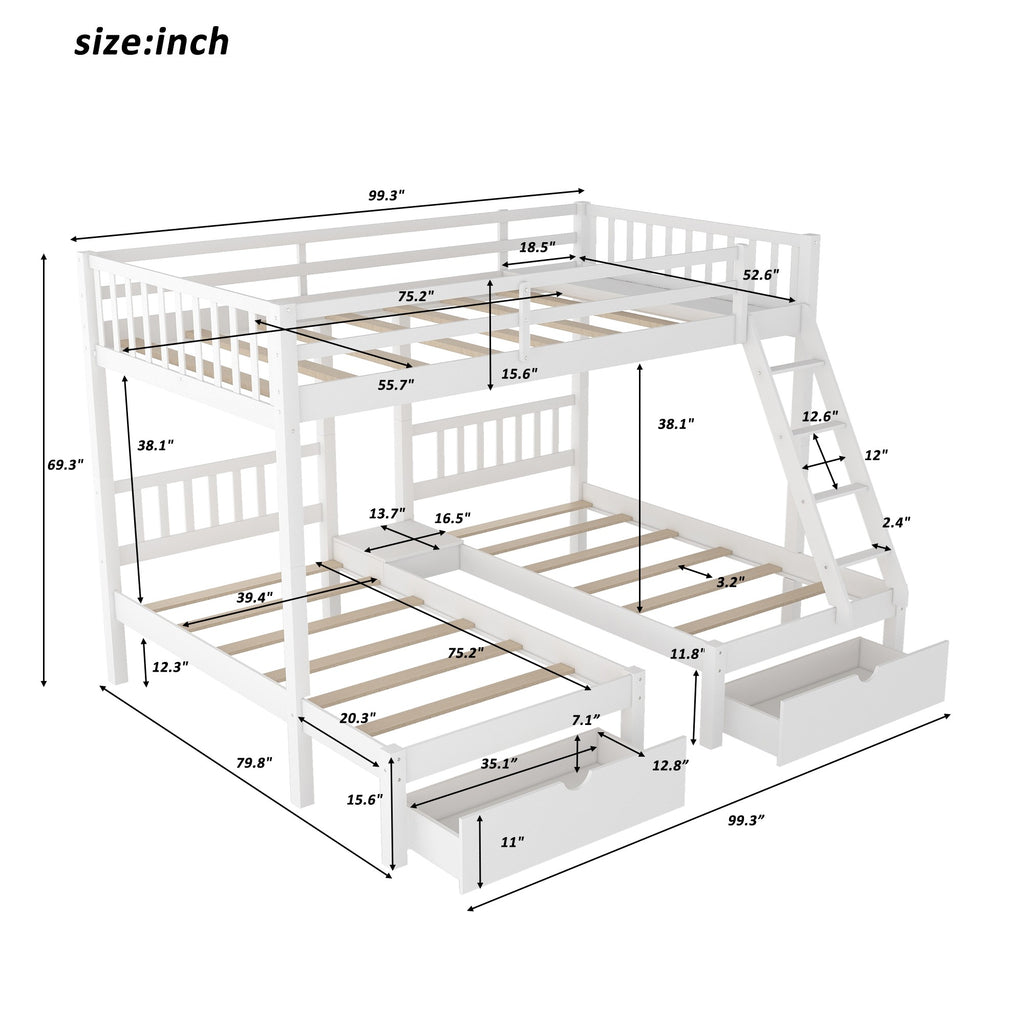 LuxxHomes  White Full Over Double Twin Triple Bunk Beds with Drawers