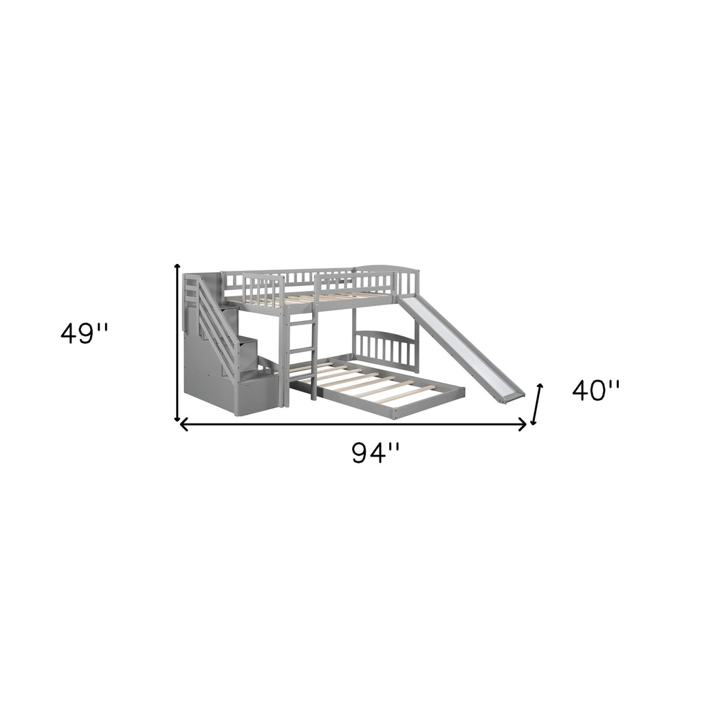 LuxxHomes  Gray Twin Over Twin Perpendicular Bunk Bed with Storage Stairs and Slide