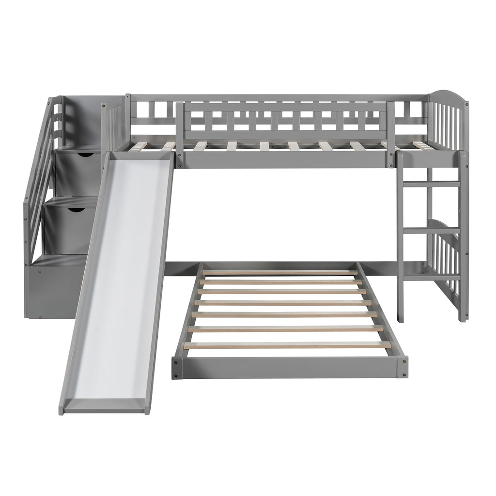 LuxxHomes  Gray Twin Over Twin Perpendicular Bunk Bed with Storage Stairs and Slide