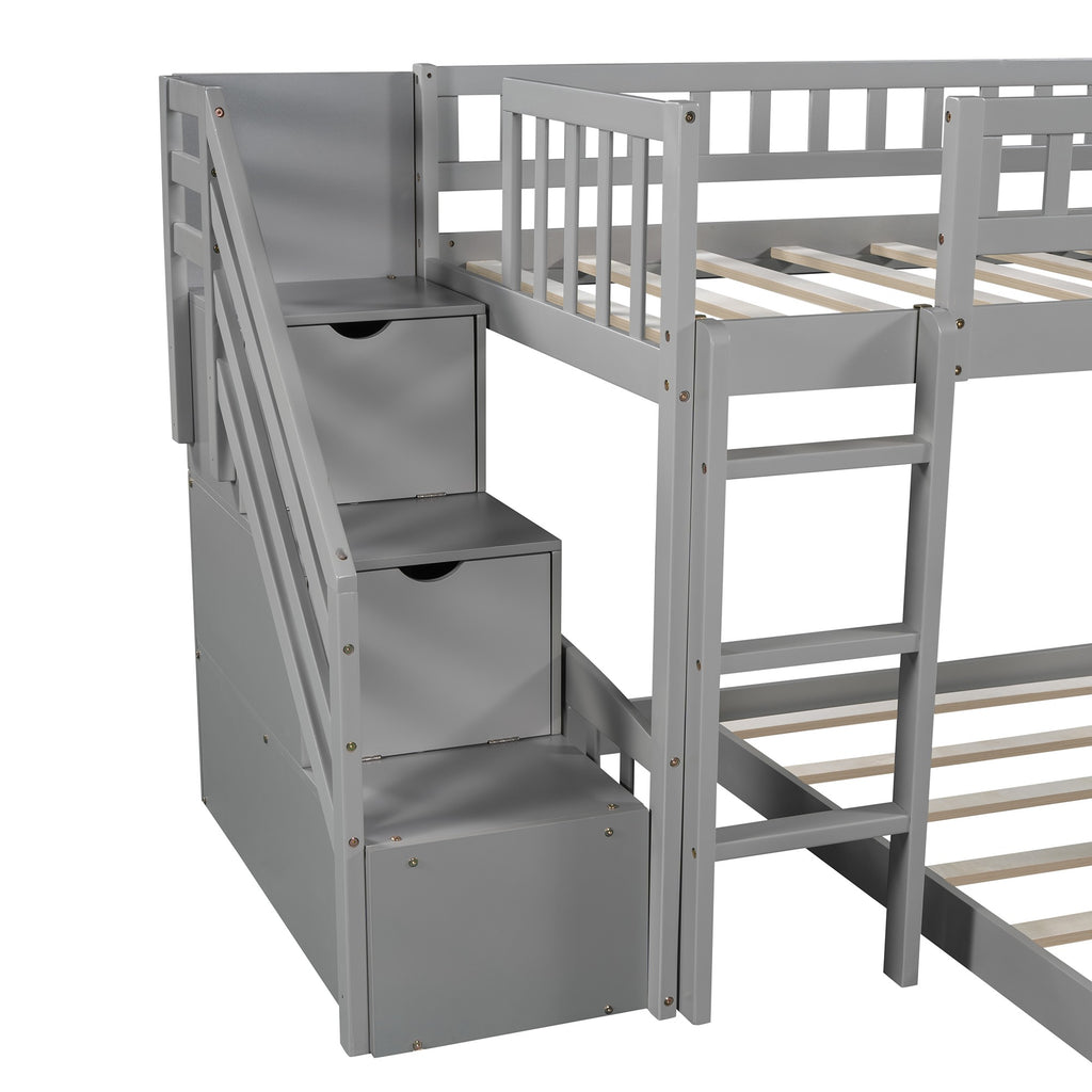 LuxxHomes  Gray Twin Over Twin Perpendicular Bunk Bed with Storage Stairs and Slide