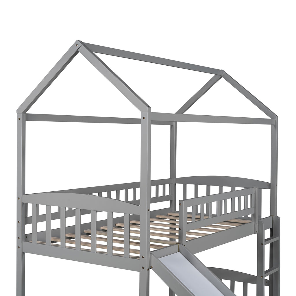 Gray Playhouse Frame Full Over Full Perpendicular Bunk Bed with Slide