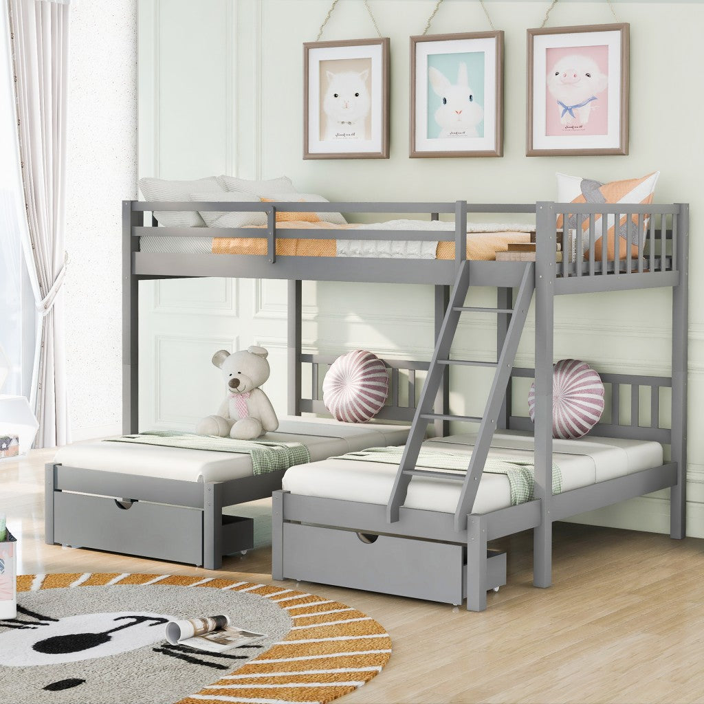 LuxxHomes  Gray Full Over Double Twin Triple Bunk Beds with Drawers