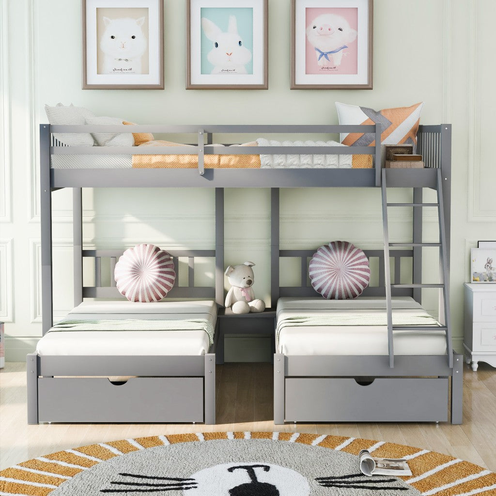 LuxxHomes  Gray Full Over Double Twin Triple Bunk Beds with Drawers