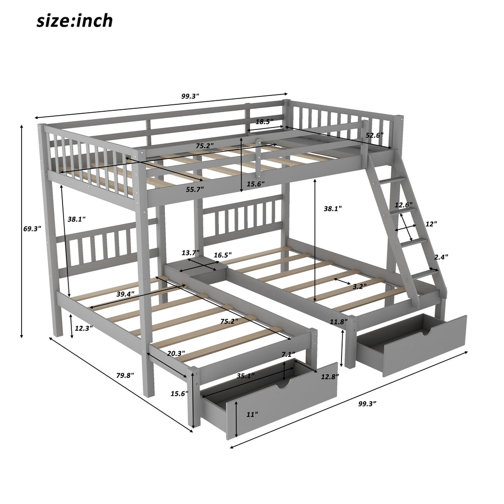 LuxxHomes  Gray Full Over Double Twin Triple Bunk Beds with Drawers