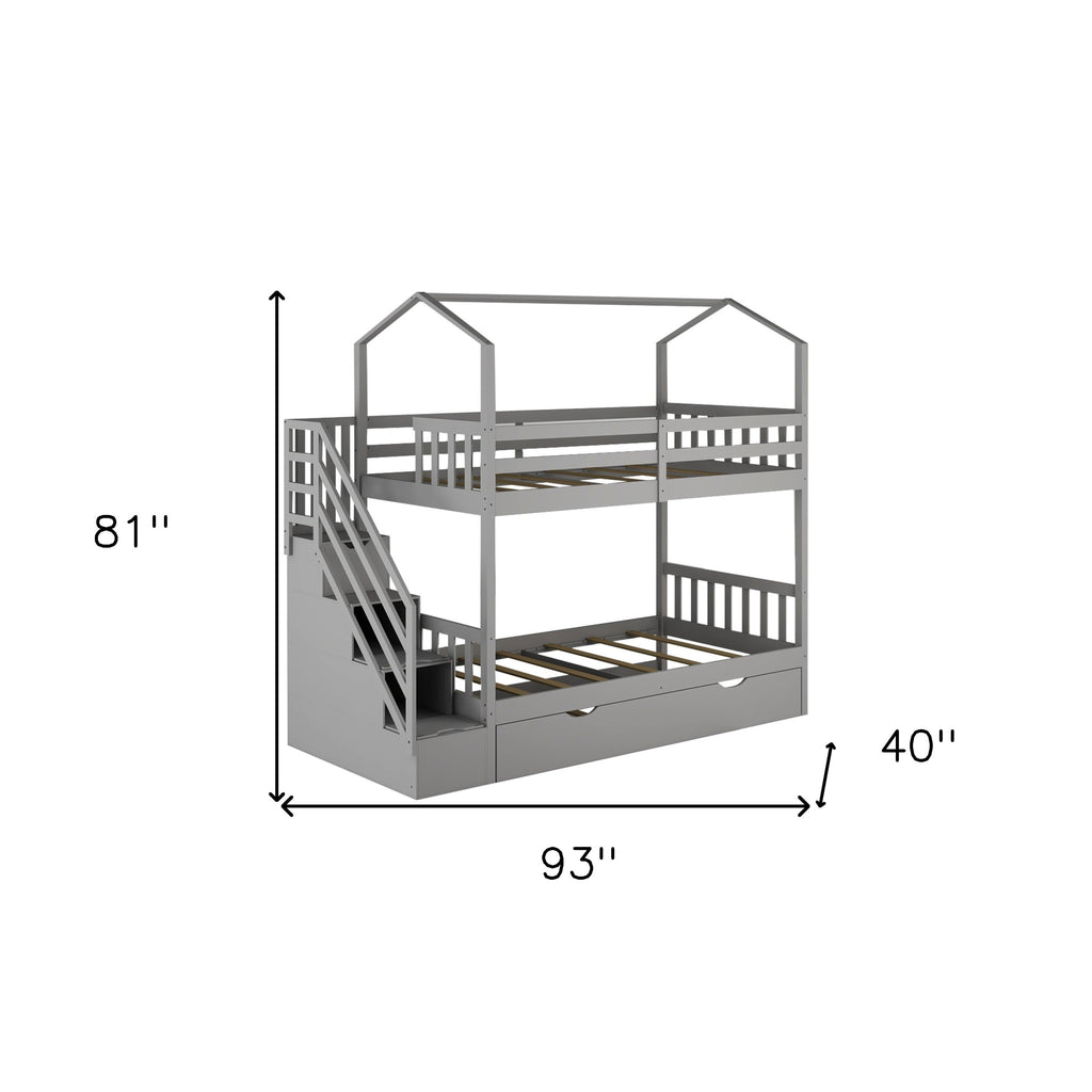 LuxxHomes  Gray Twin Over Twin Playhouse Bunk Bed with Trundle and Staircase