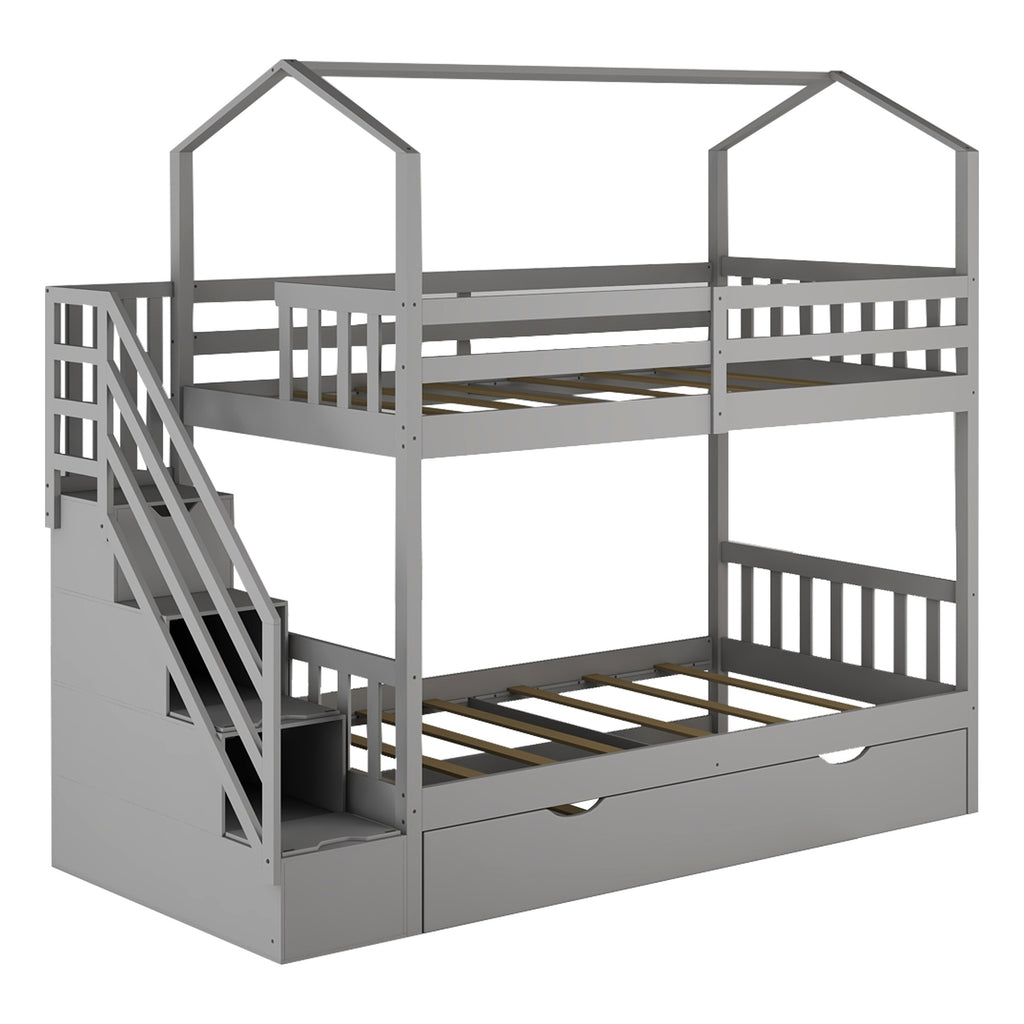 LuxxHomes  Gray Twin Over Twin Playhouse Bunk Bed with Trundle and Staircase