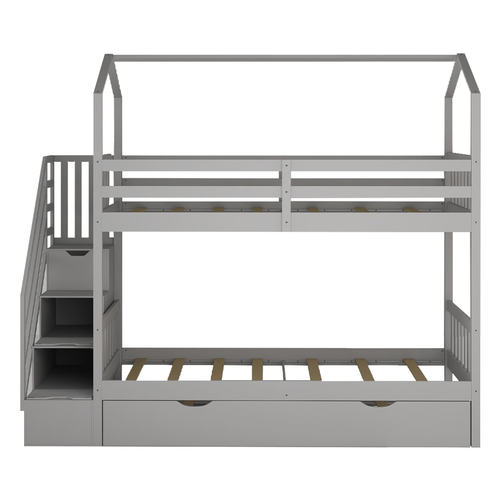 LuxxHomes  Gray Twin Over Twin Playhouse Bunk Bed with Trundle and Staircase