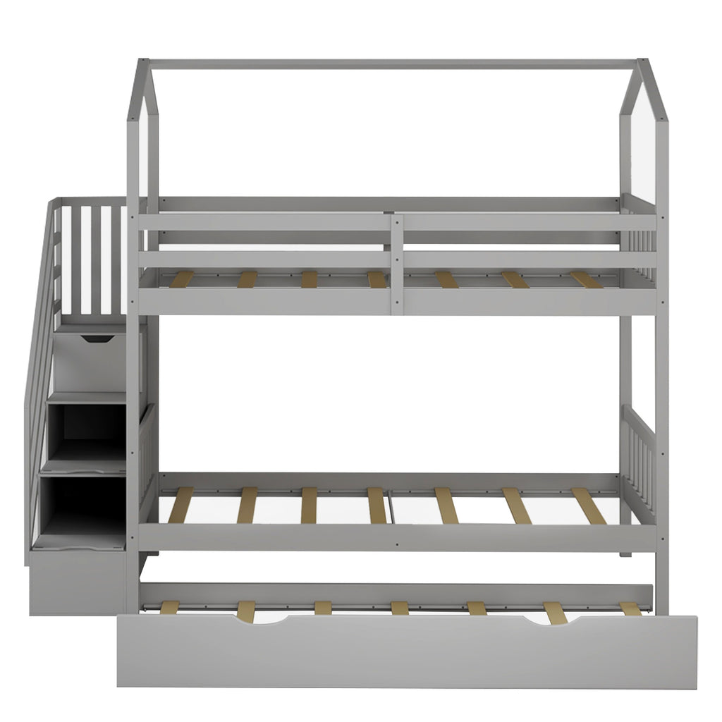 LuxxHomes  Gray Twin Over Twin Playhouse Bunk Bed with Trundle and Staircase