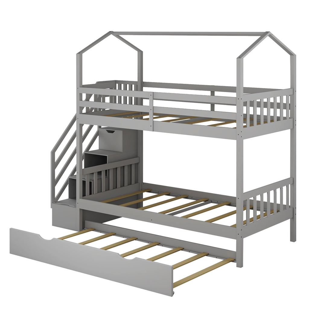 LuxxHomes  Gray Twin Over Twin Playhouse Bunk Bed with Trundle and Staircase