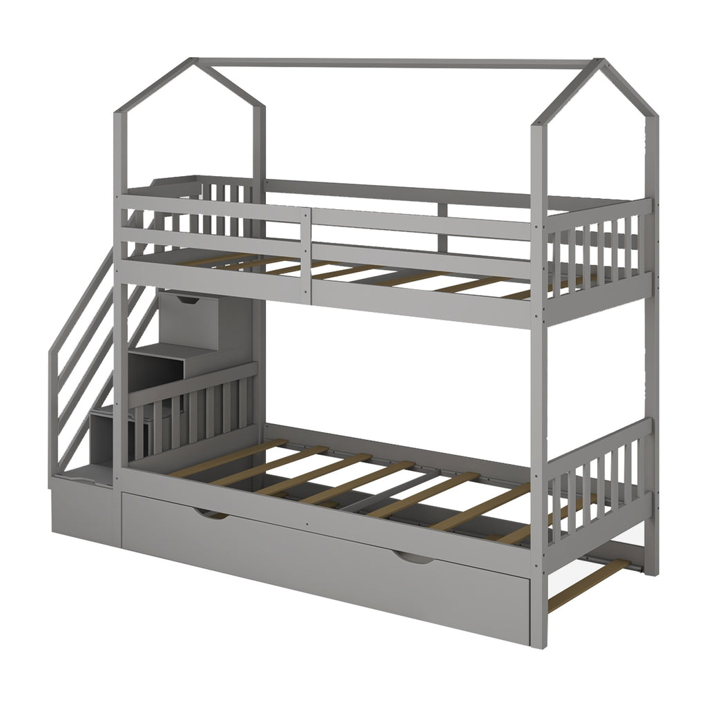 LuxxHomes  Gray Twin Over Twin Playhouse Bunk Bed with Trundle and Staircase