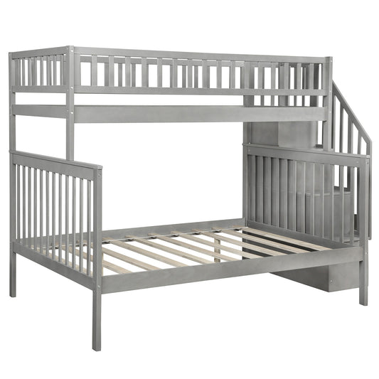 LuxxHomes  Gray Twin Over Full Farmhouse Style Bunk Bed with Staircase