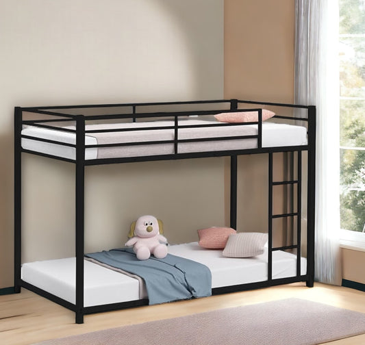 LuxxHomes  Black Twin Over Twin Metal Low Bunk Bed