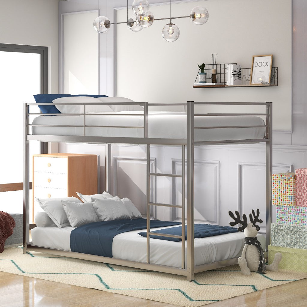 LuxxHomes  Silver Twin Over Twin Metal Low Bunk Bed