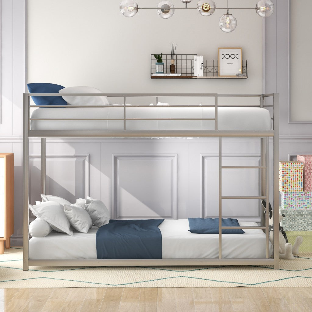 LuxxHomes  Silver Twin Over Twin Metal Low Bunk Bed