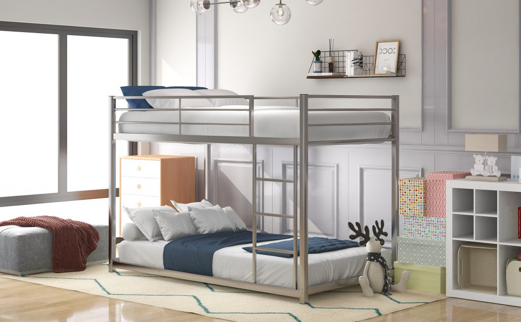 LuxxHomes  Silver Twin Over Twin Metal Low Bunk Bed