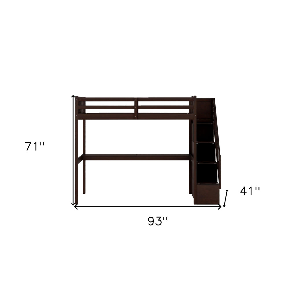 LuxxHomes  Espresso Twin Size Loft Bed with Built In Desk and Stairway