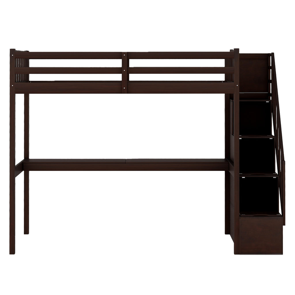 LuxxHomes  Espresso Twin Size Loft Bed with Built In Desk and Stairway