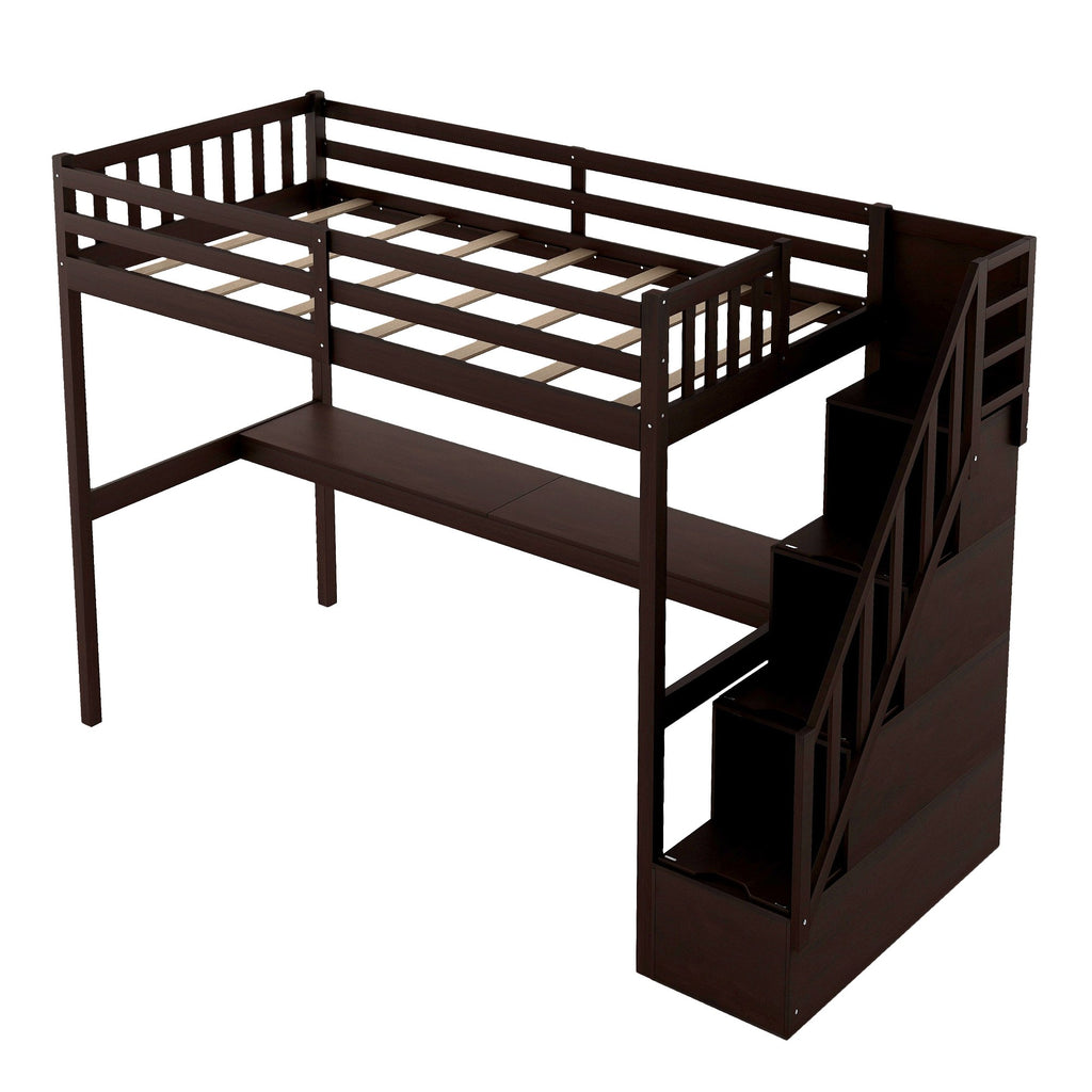 LuxxHomes  Espresso Twin Size Loft Bed with Built In Desk and Stairway