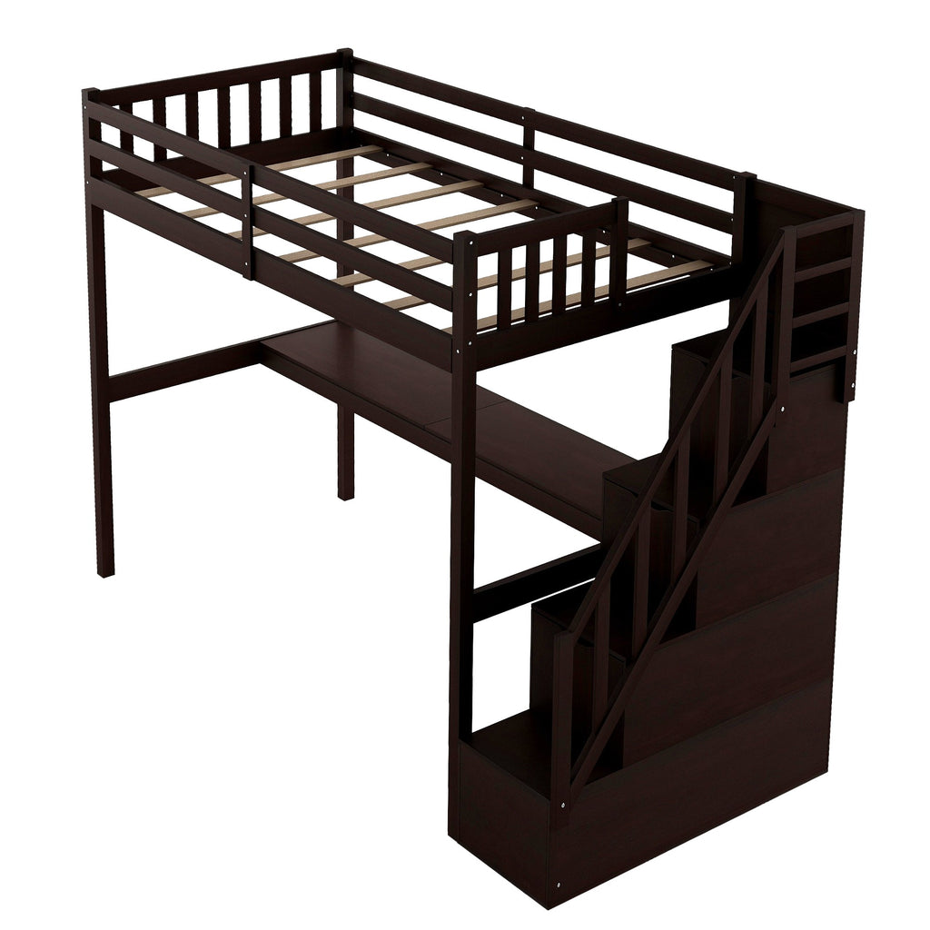 LuxxHomes  Espresso Twin Size Loft Bed with Built In Desk and Stairway