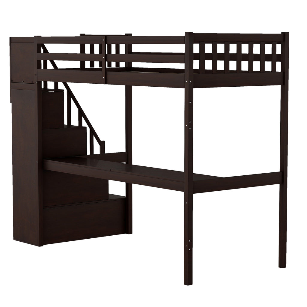 LuxxHomes  Espresso Twin Size Loft Bed with Built In Desk and Stairway