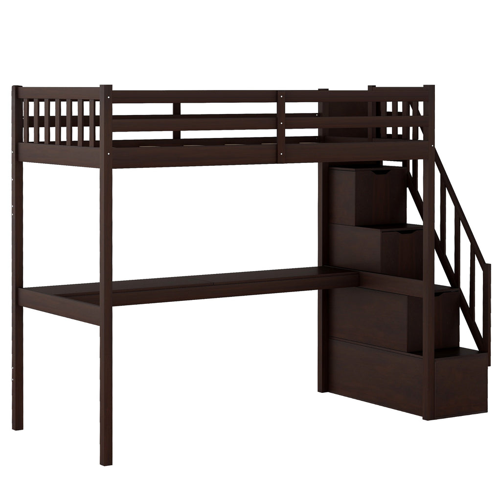 LuxxHomes  Espresso Twin Size Loft Bed with Built In Desk and Stairway