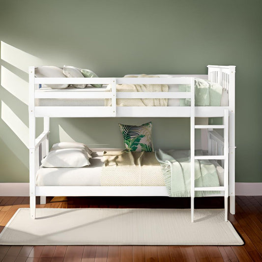 LuxxHomes  White Classic Full Over Full Bunk Bed with Ladder