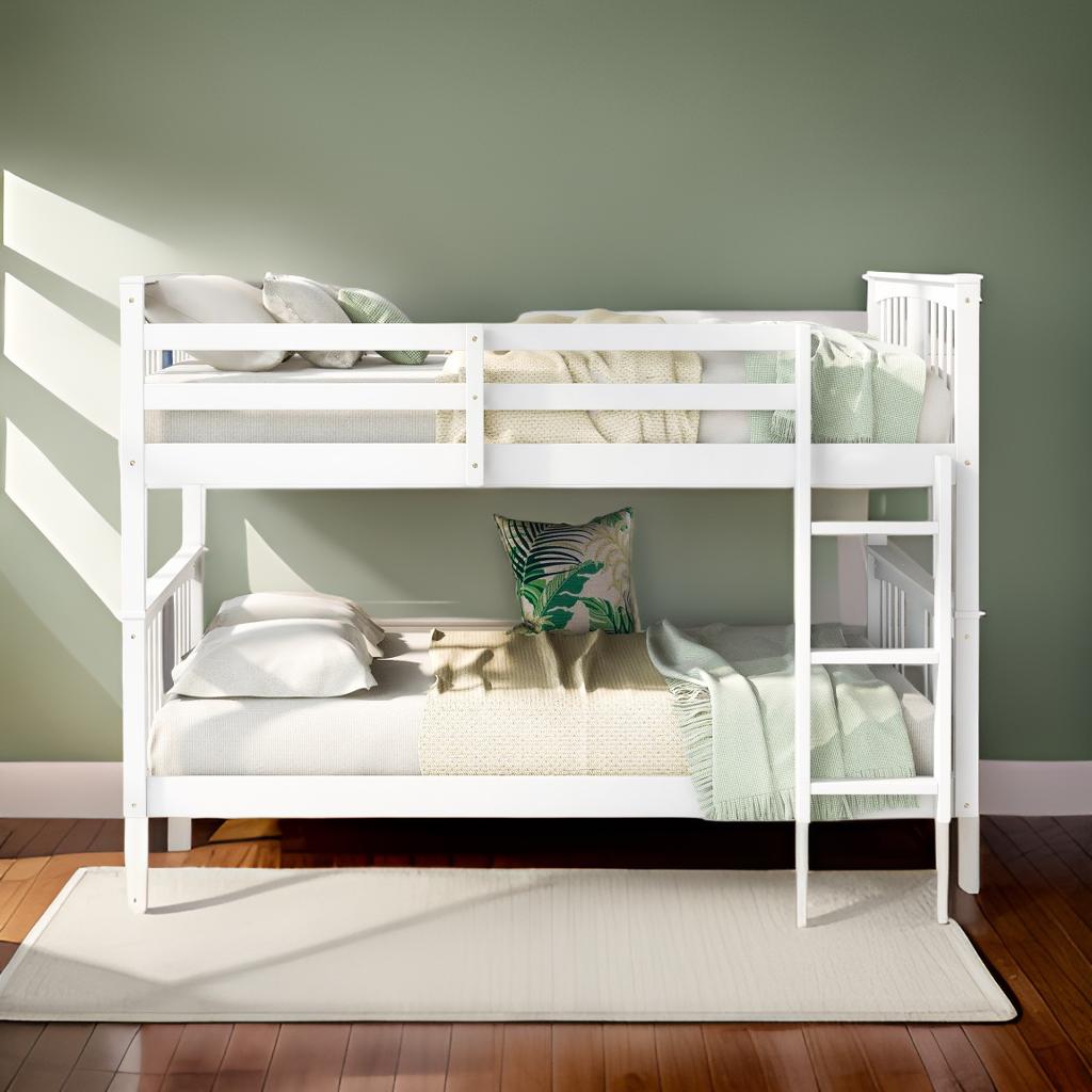 LuxxHomes  White Classic Full Over Full Bunk Bed with Ladder