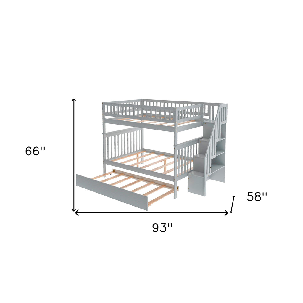 LuxxHomes  Gray Full Over Full Farmhouse Style Bunk Bed with Trundle and Staircase