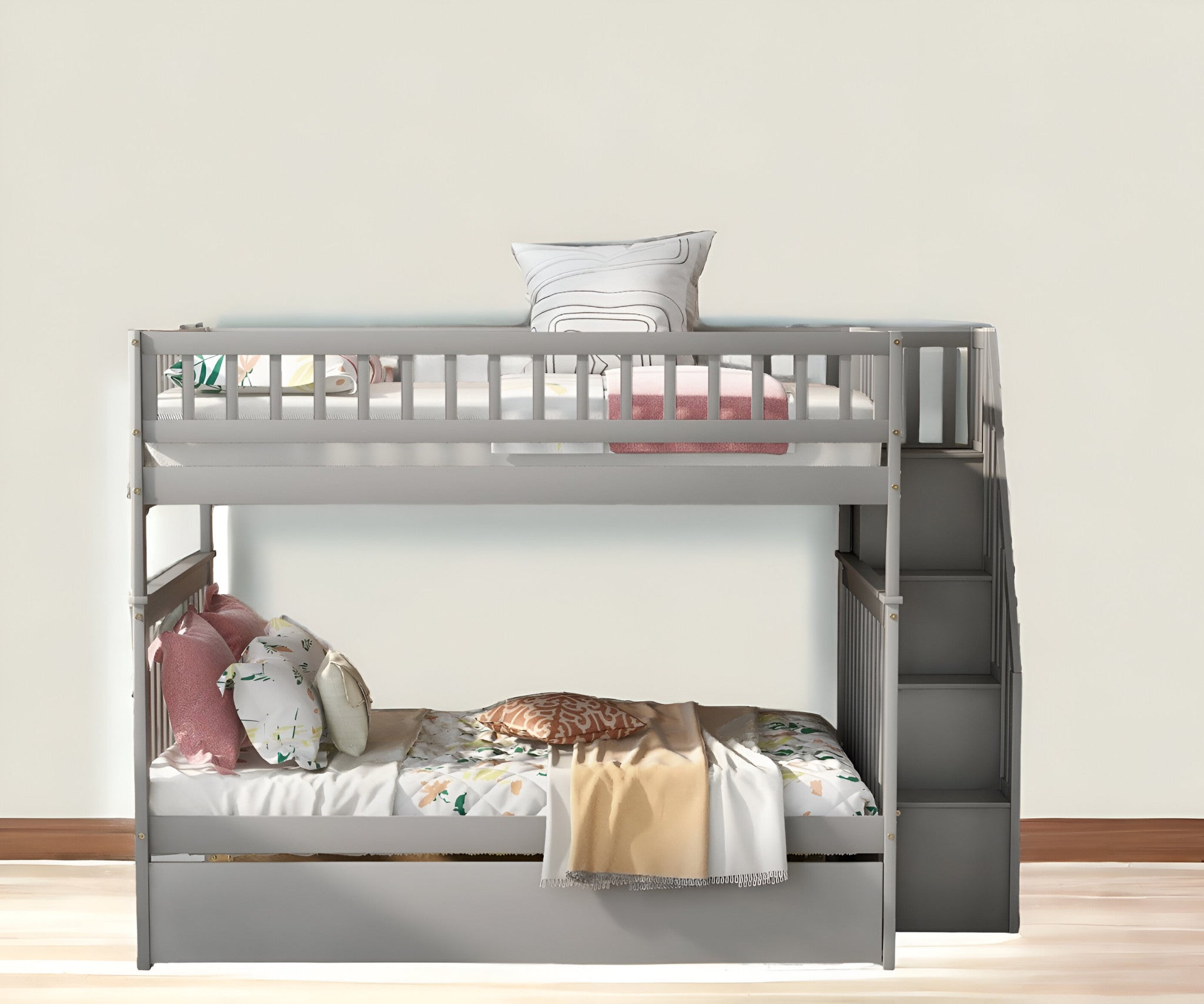 LuxxHomes  Gray Full Over Full Farmhouse Style Bunk Bed with Trundle and Staircase