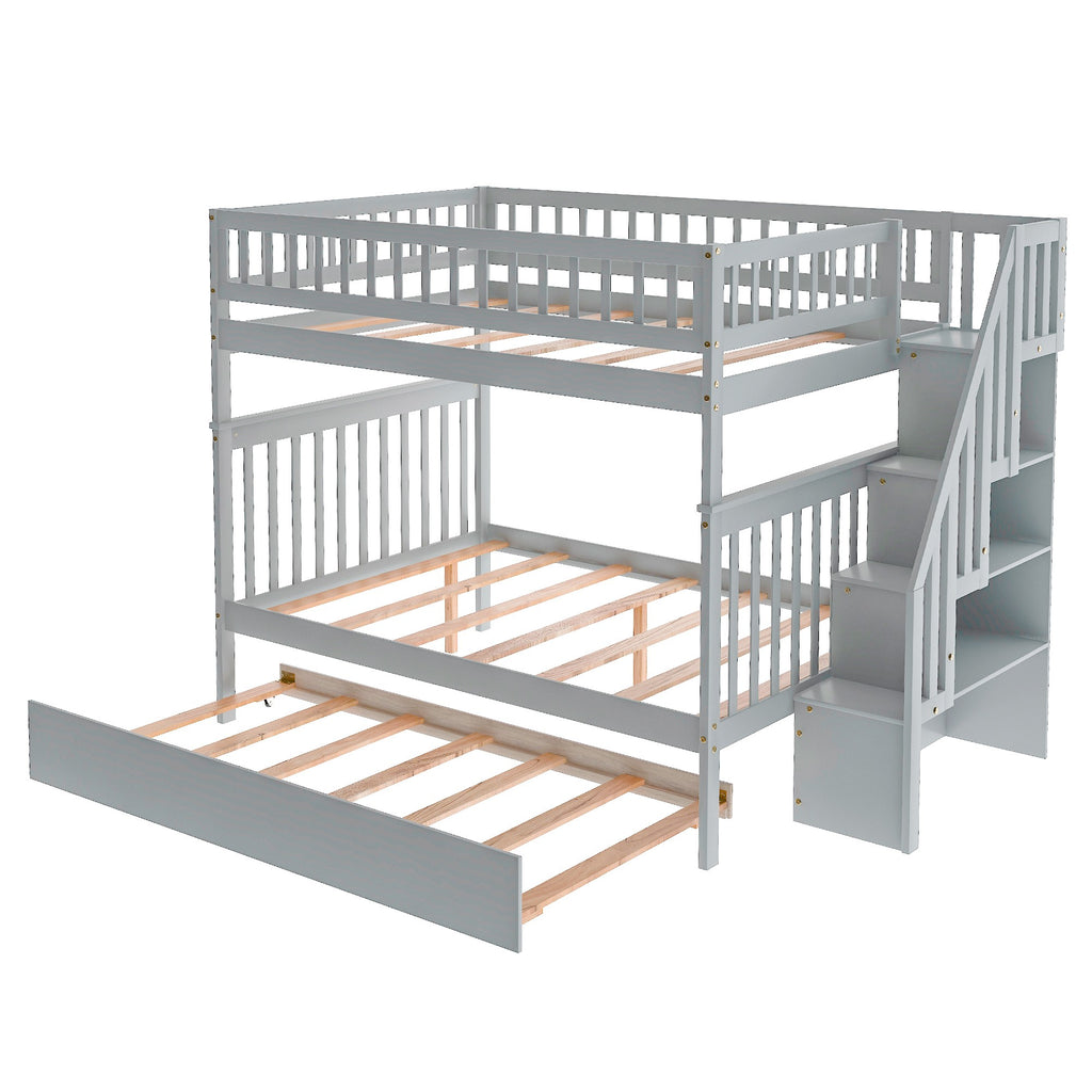 LuxxHomes  Gray Full Over Full Farmhouse Style Bunk Bed with Trundle and Staircase