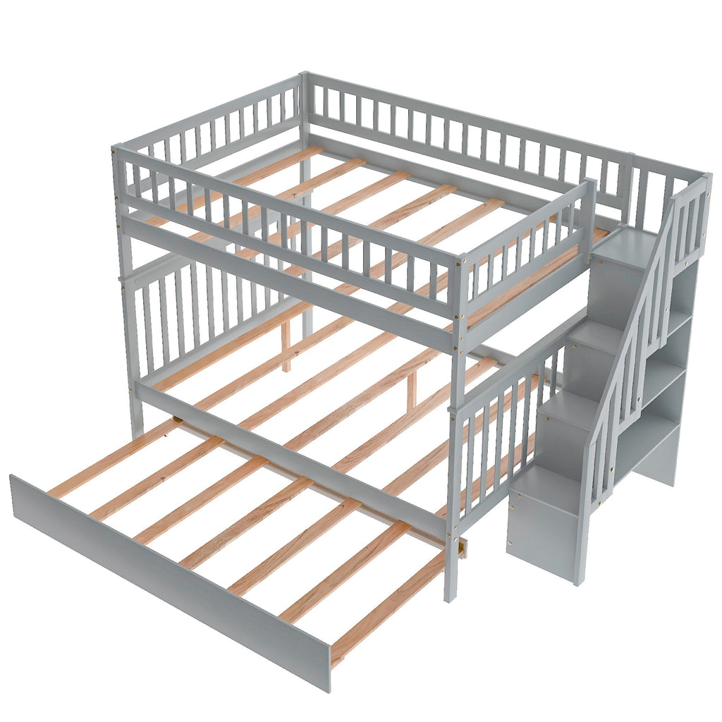 LuxxHomes  Gray Full Over Full Farmhouse Style Bunk Bed with Trundle and Staircase