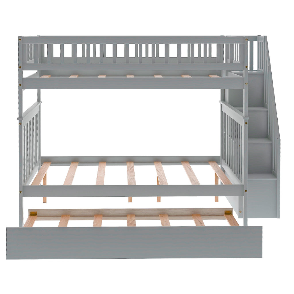 LuxxHomes  Gray Full Over Full Farmhouse Style Bunk Bed with Trundle and Staircase