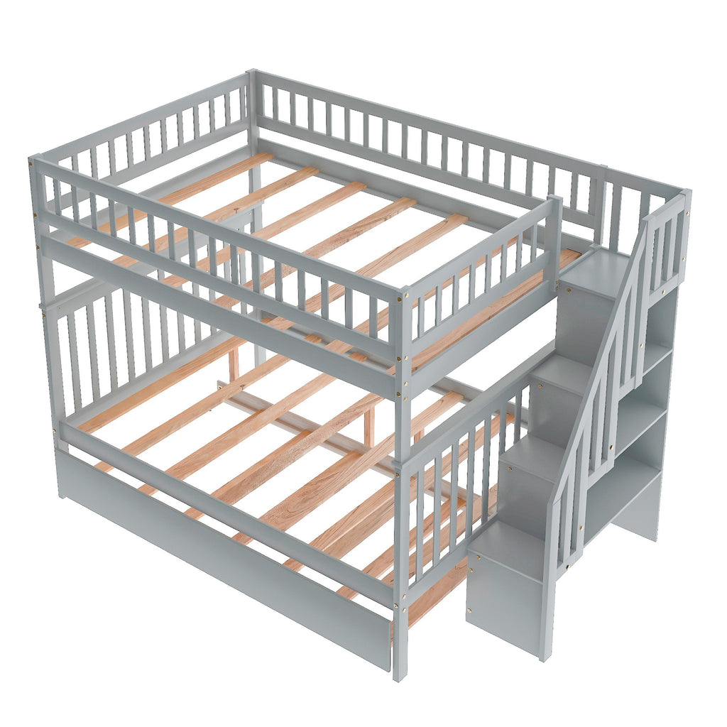 LuxxHomes  Gray Full Over Full Farmhouse Style Bunk Bed with Trundle and Staircase