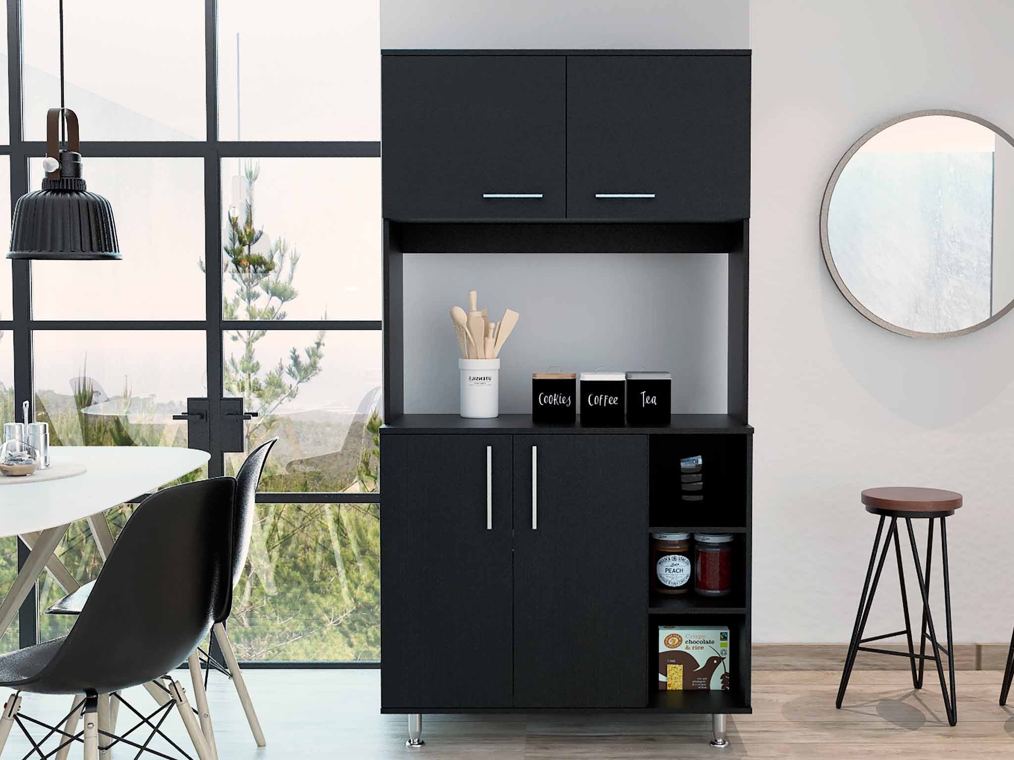 71" Modern Black Pantry Cabinet with Three Storage Shelves