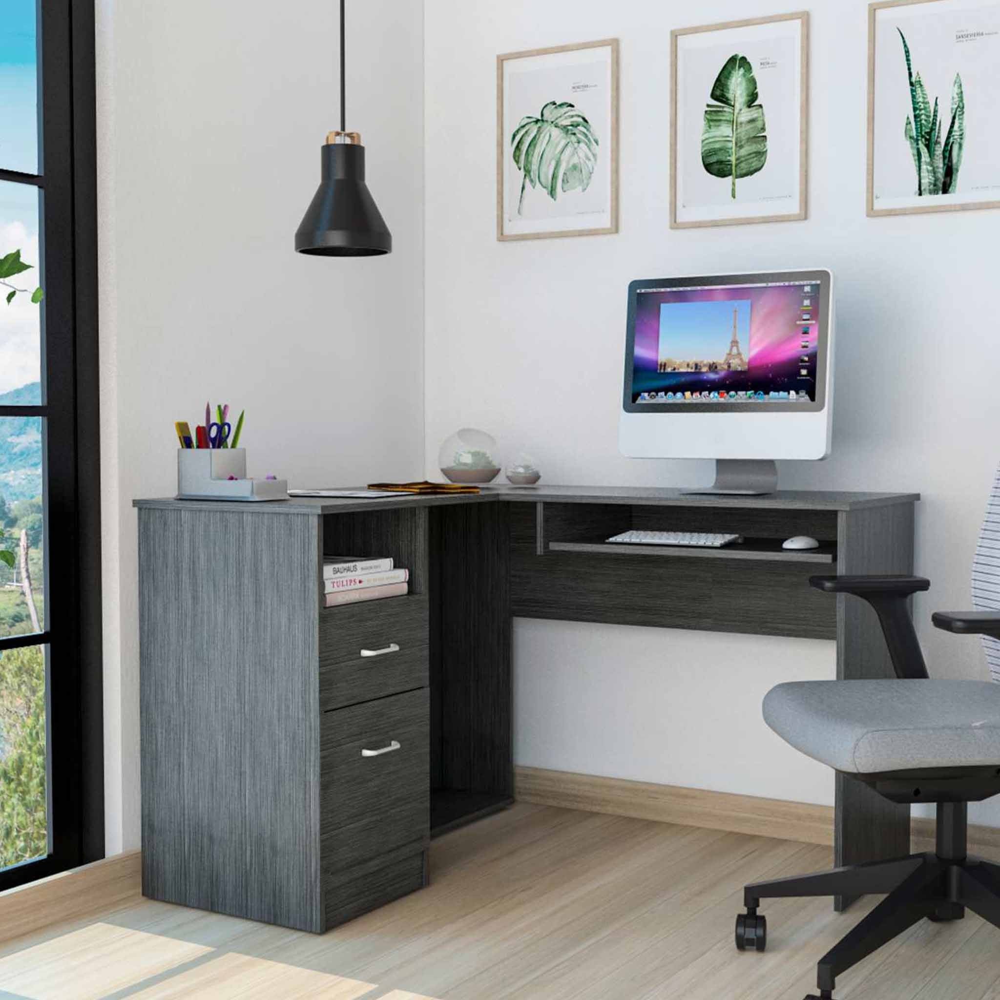 41" Gray L Shape Computer Desk With Two Drawers