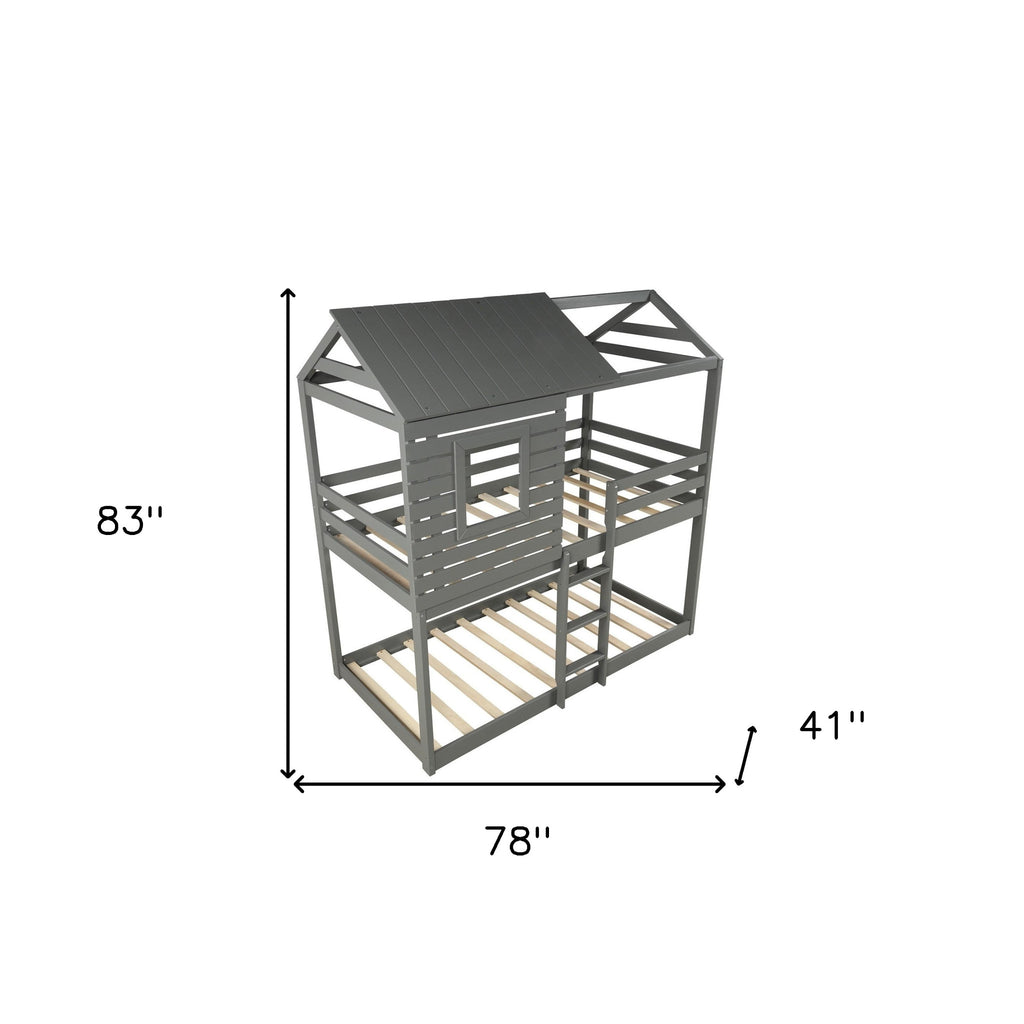 LuxxHomes  Gray Twin Over Twin Bunk Bed with Roof