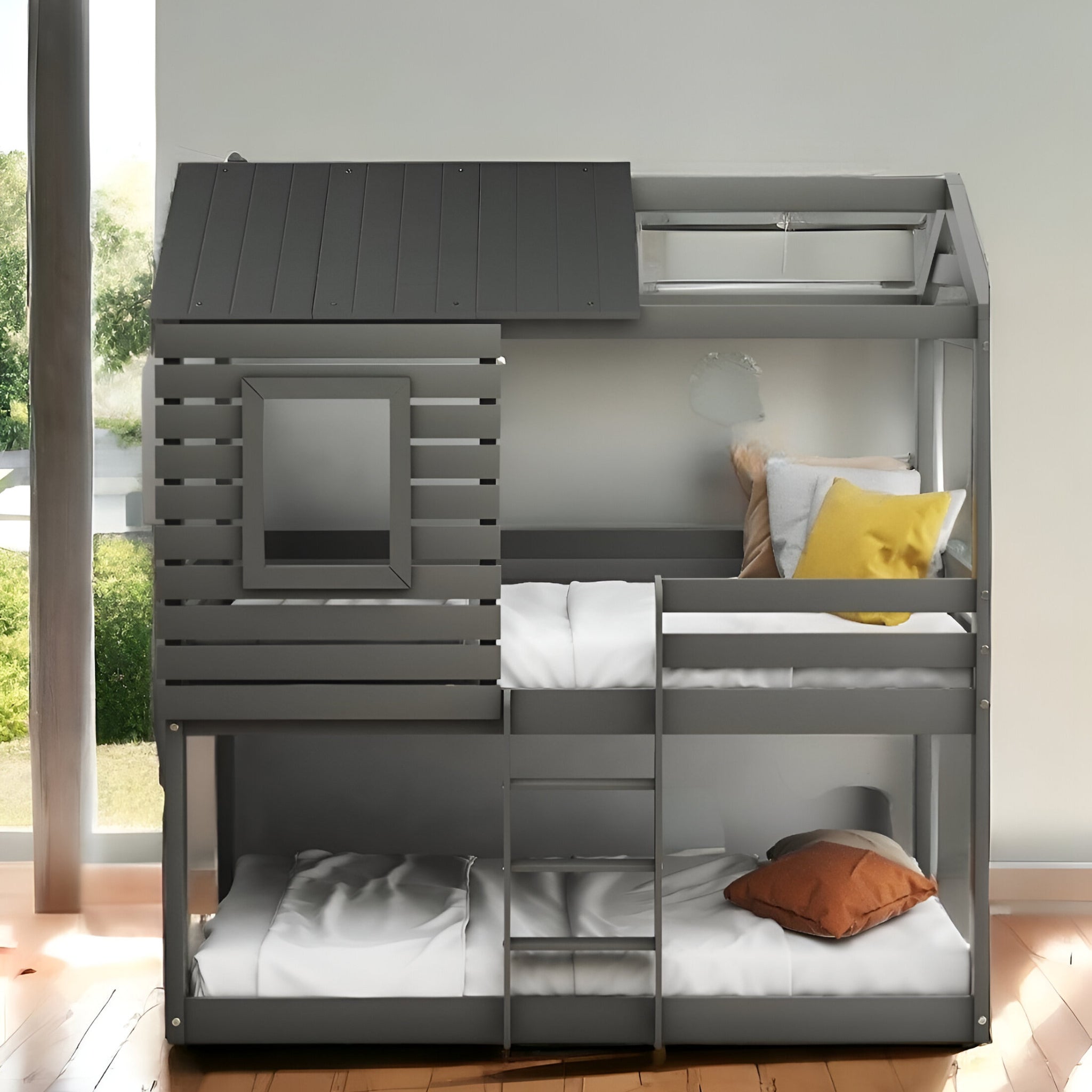 LuxxHomes  Gray Twin Over Twin Bunk Bed with Roof