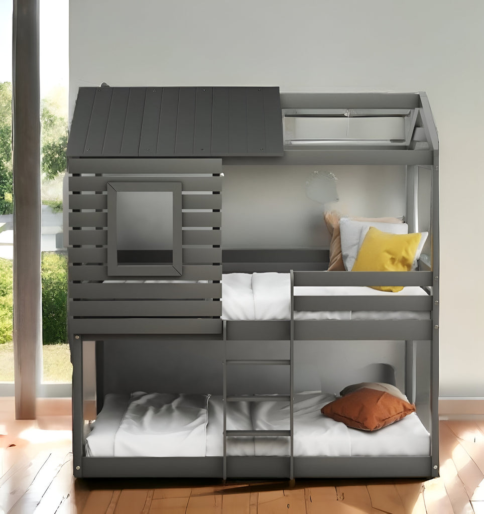 LuxxHomes  Gray Twin Over Twin Bunk Bed with Roof