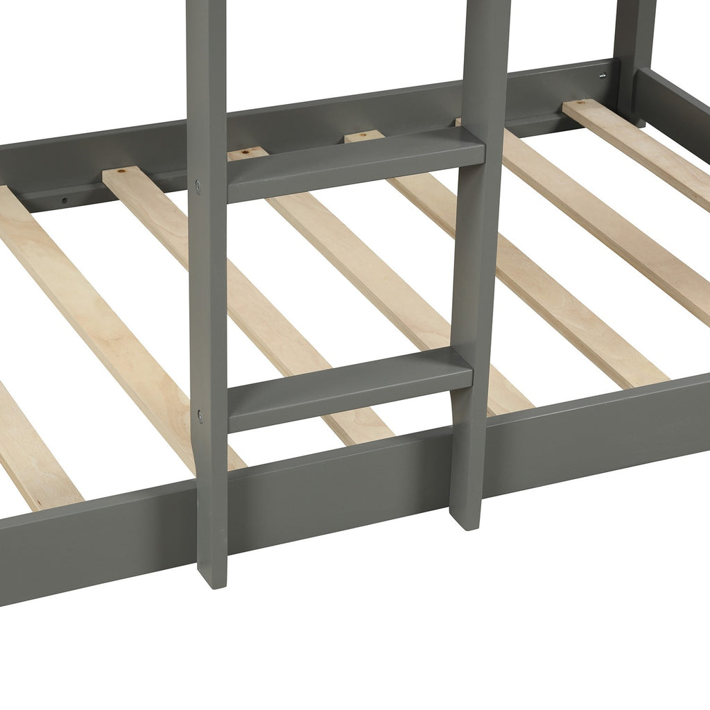 LuxxHomes  Gray Twin Over Twin Bunk Bed with Roof