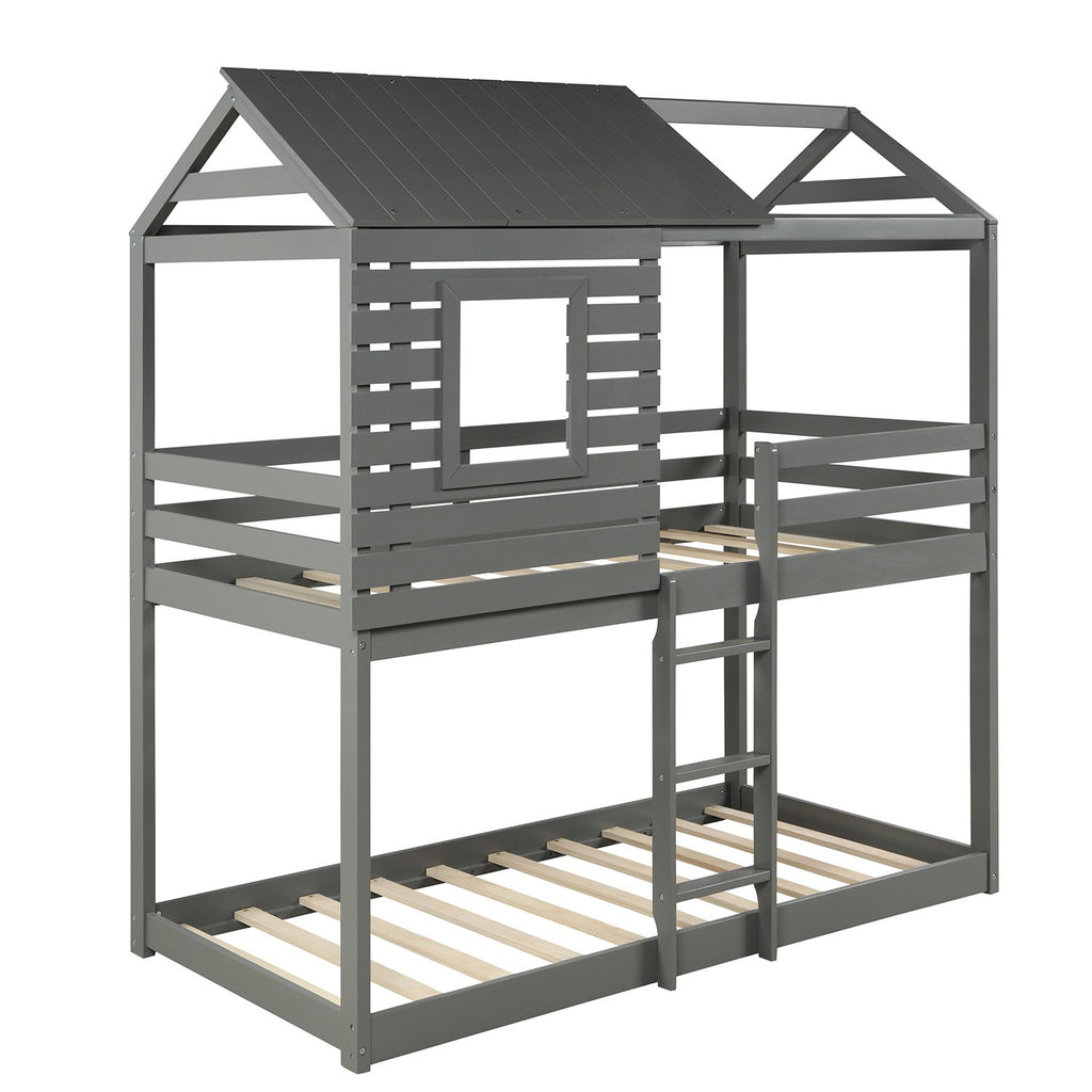 LuxxHomes  Gray Twin Over Twin Bunk Bed with Roof