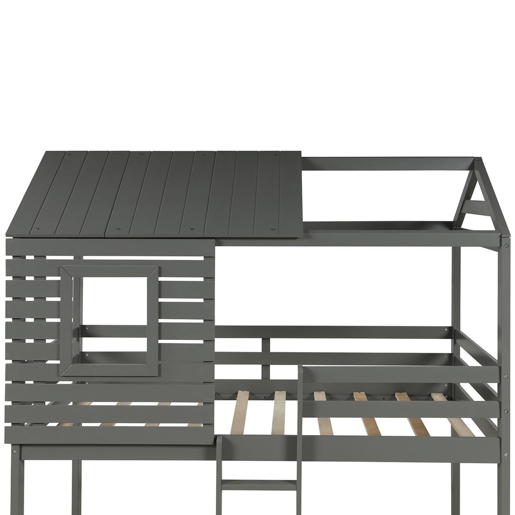 LuxxHomes  Gray Twin Over Twin Bunk Bed with Roof