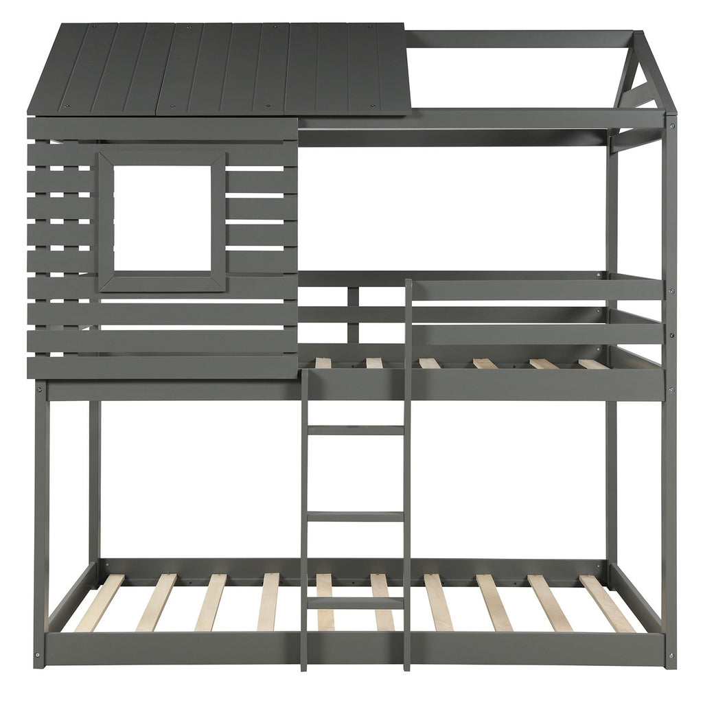 LuxxHomes  Gray Twin Over Twin Bunk Bed with Roof