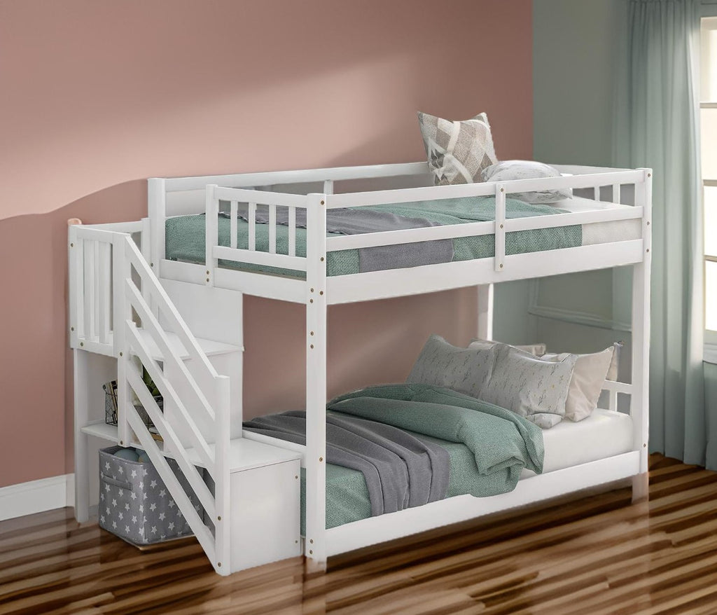 LuxxHomes  White Twin Over Twin Staircase Bunk Bed