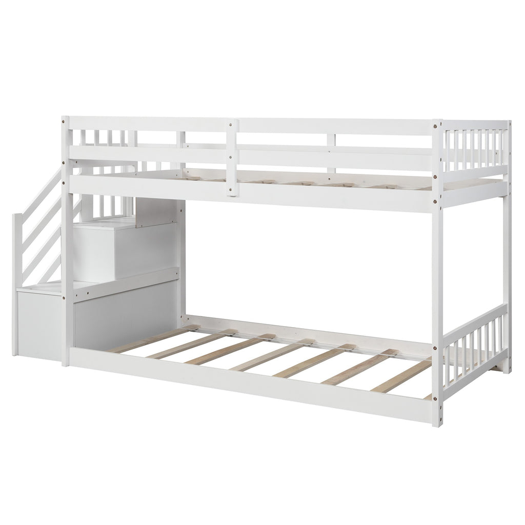 LuxxHomes  White Twin Over Twin Staircase Bunk Bed