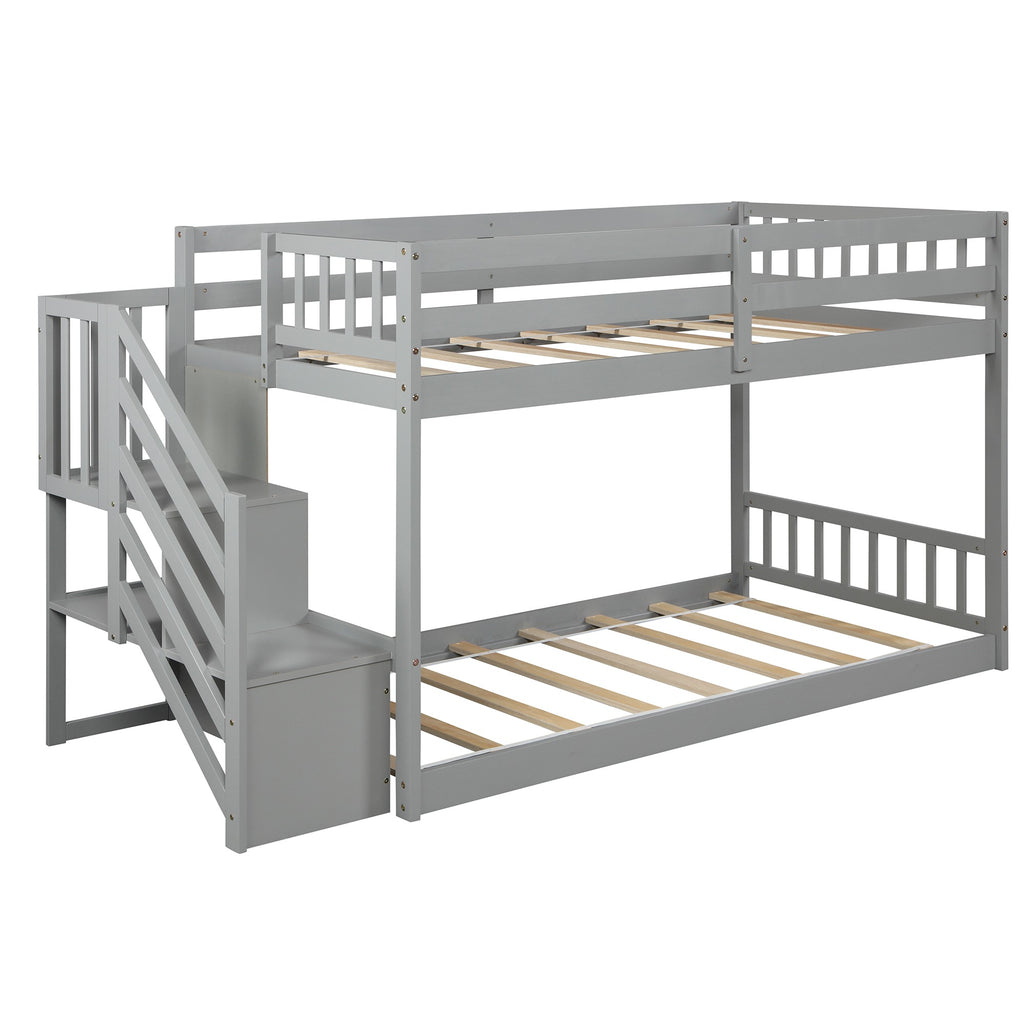 LuxxHomes  Gray Twin Over Twin Staircase Bunk Bed