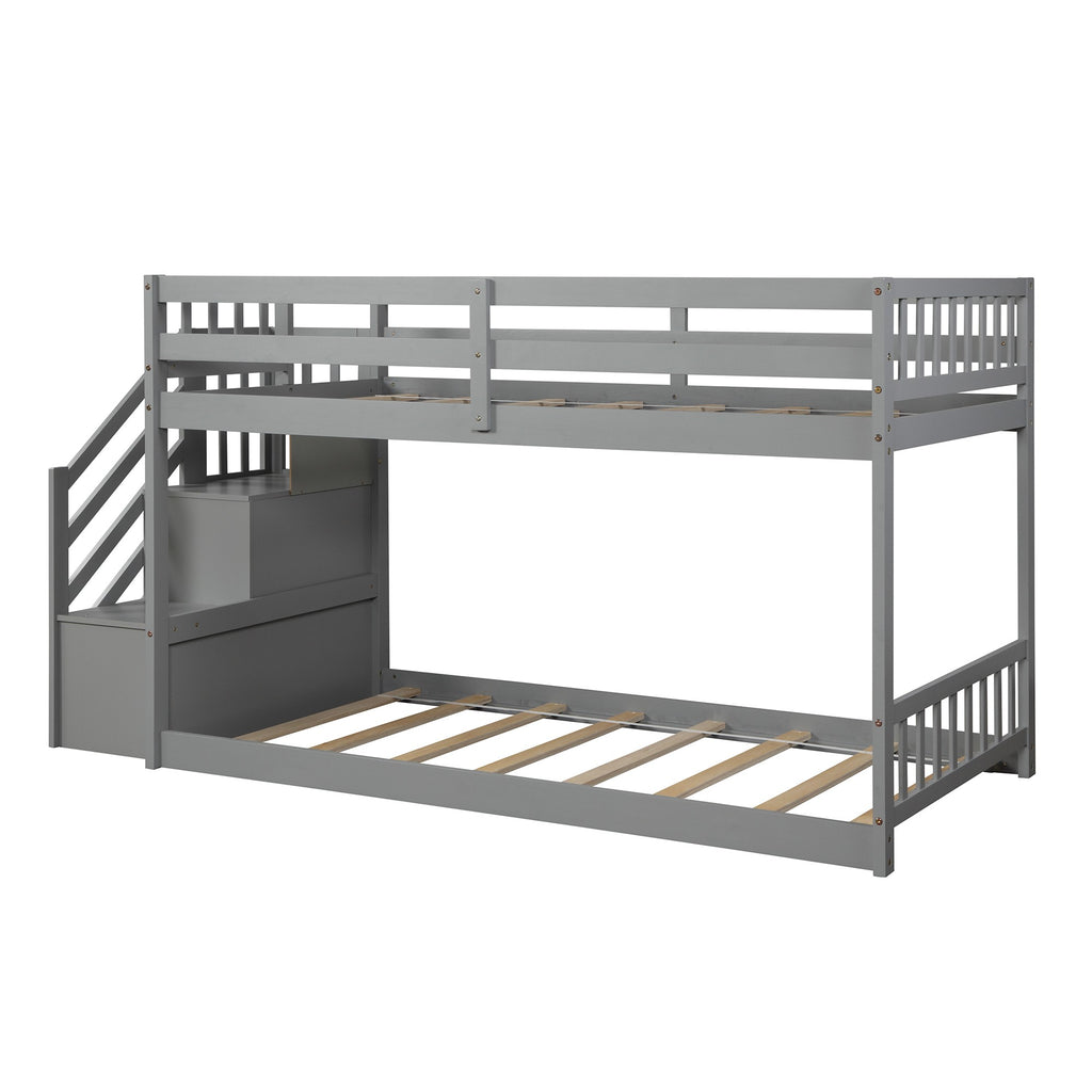 LuxxHomes  Gray Twin Over Twin Staircase Bunk Bed