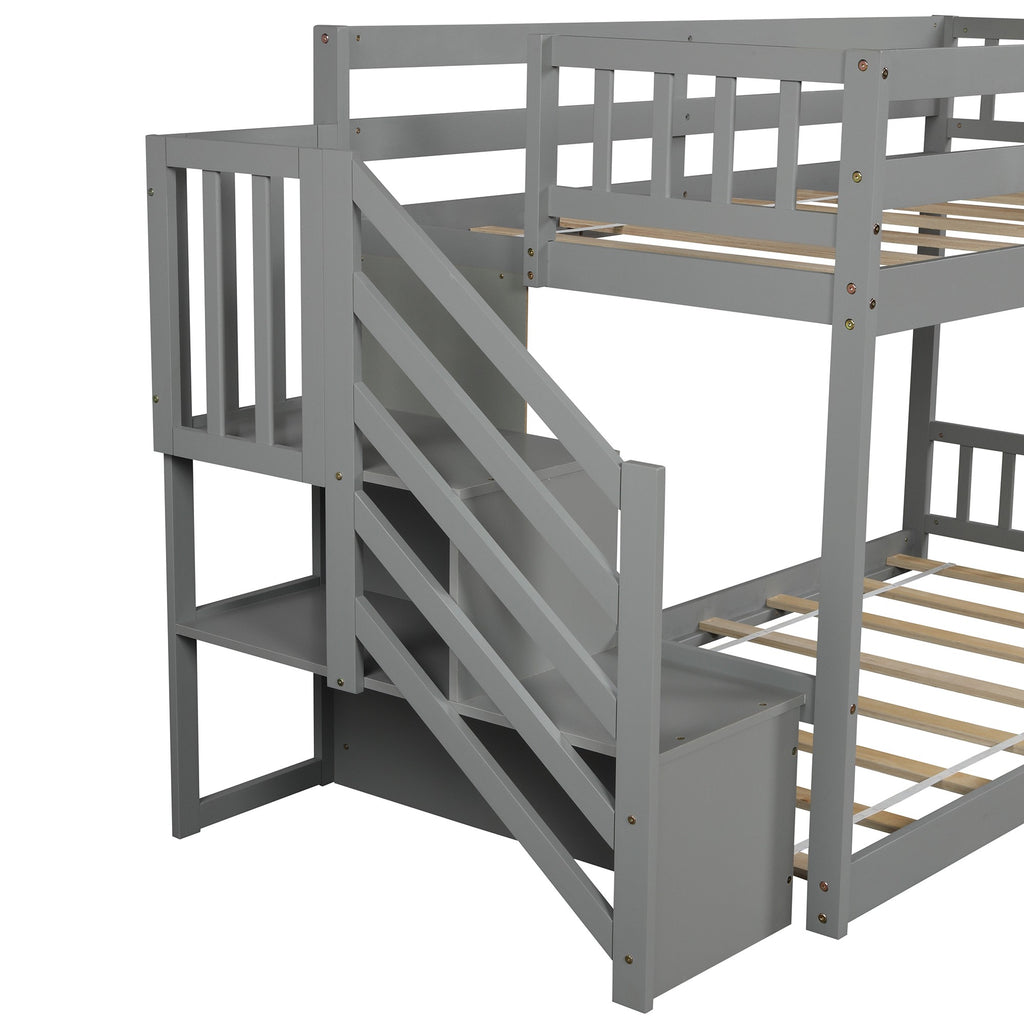 LuxxHomes  Gray Twin Over Twin Staircase Bunk Bed