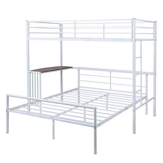 LuxxHomes  White Twin Over Full Size Metal Bunk Bed with Desk