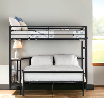 LuxxHomes  Black Twin Over Full Size Metal Bunk Bed with Desk