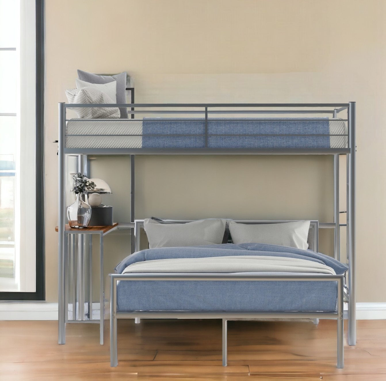 LuxxHomes  Silver Twin Over Full Size Metal Bunk Bed with Desk